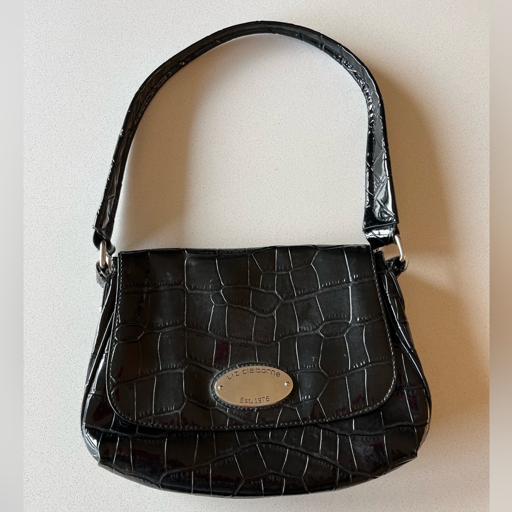 Liz Claiborne Glossy Black Croc Shoulder Bag